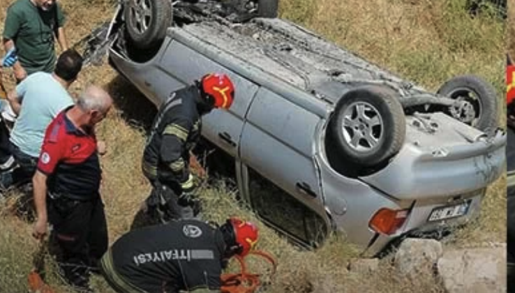 Sürüş eğitimi kazayla sonlandı! Şarampole yuvarlanan araç içindeki 2 kişi yaralandı!